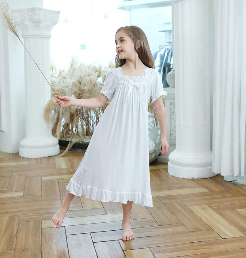 CHUNG Toddler Little Big Girls Modal Nightgowns Soft Princess Short Sleeve Round Square Neck Long Sleep Dress Vintageâ€¦ (130, 700 White) - Image 4